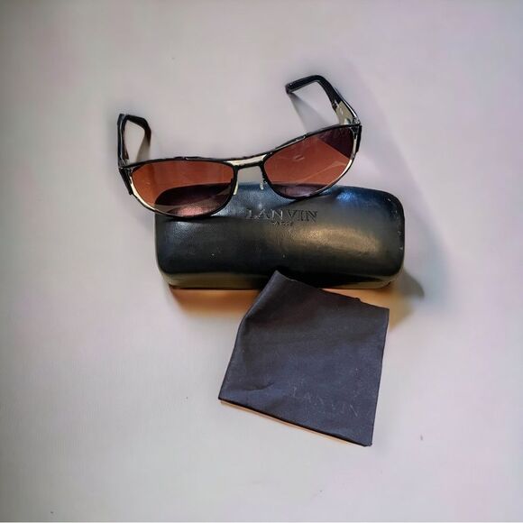 Vintage LANVIN Aviator Sunglasses Burgundy Black Case Cloth LV 2101 C 03 France